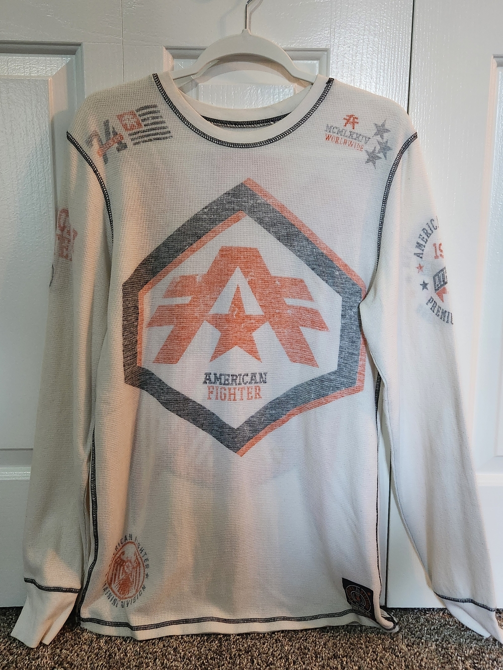 American Fighter White Crewneck Thermal Sweater with Orange and Gray Logo